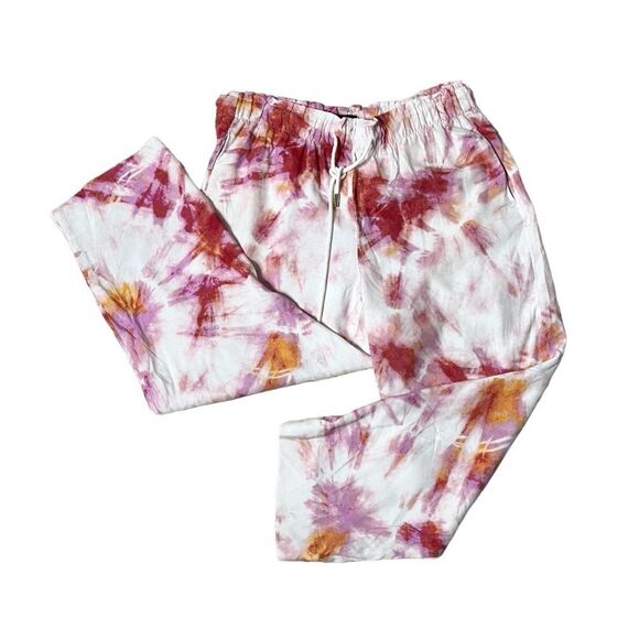 ANN TAYLOR Petites Lounge Pants Watercolor Tie Dye Drawstring Viscose Pink - Picture 1 of 8